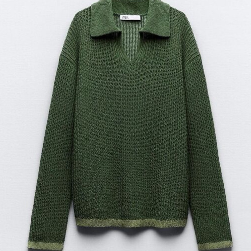 Zara Slouchy Green Knit Polo Sweater